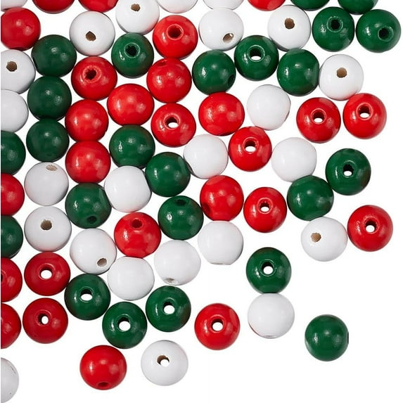1Bag 125Pcs Christmas Wood Beads Green Red White Round Wooden Beads Santa Craft Garland Bead Ornaments for Jewelry Making Bead Assortments DIY Necklace Bracelets Crafts Party Home Supplies Decor