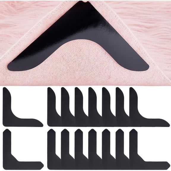 1Bag 16 Pcs Non Slip Rug Grippers 2 Styles L-Shape Carpet Tape for Hardwood Floors and Tiles Double Sided Self Adhesive Rug Tape PU Rug Pad Rug Corner Grippers for Area Rugs Black