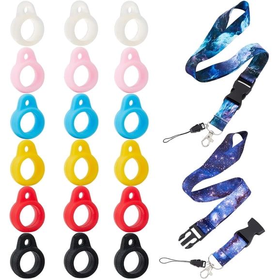 1Bag 20PCS Anti-Lost Lanyard Set Include 2PCS Starry Sky Necklace Lanyards Safety Neck Strap with 18PCS 6 Colors Mini Anti-Lost Silicone Rubber Rings Holder Multipurpose Pen Protective Ring