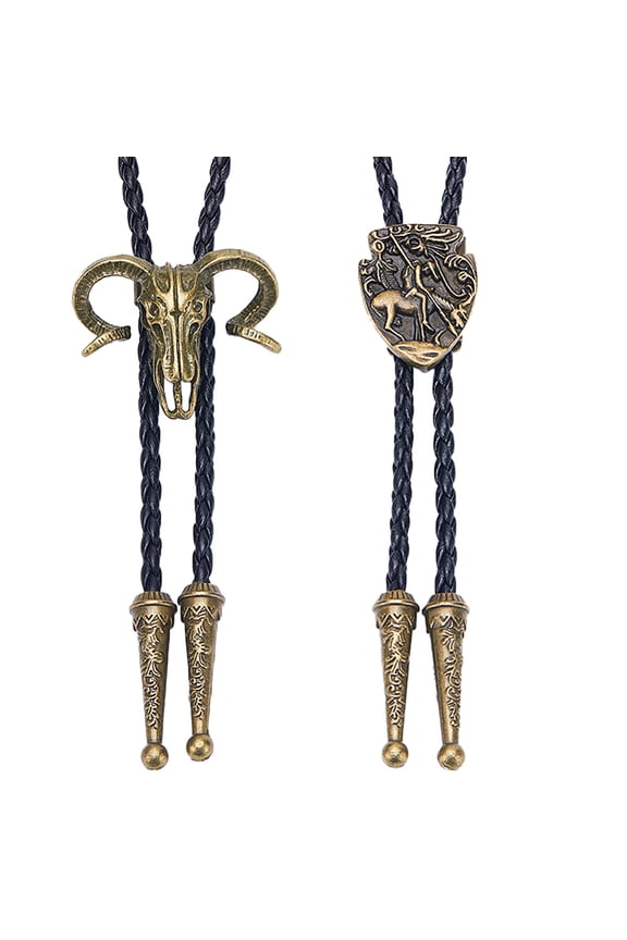 1Bag 2Pcs 2 Style Imitation Leather Cords Bolo Ties Cattle & Shield Alloy Lariat Necklaces for Men Black 40.94~41.89 inch 1Pc/style