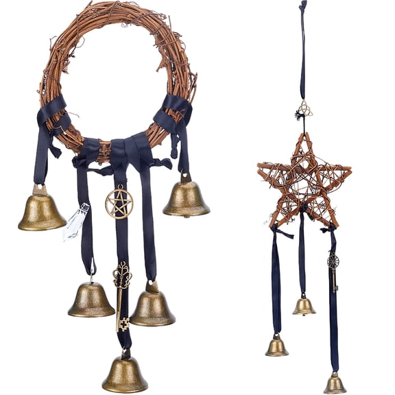 1Bag 2Pcs 2 Style Rattan & Iron Witch Bells Wind Chimes Door Hanging Pendant Decoration for Garden Home Decoration Bell Mixed Shapes 300~550mm 1pc/style