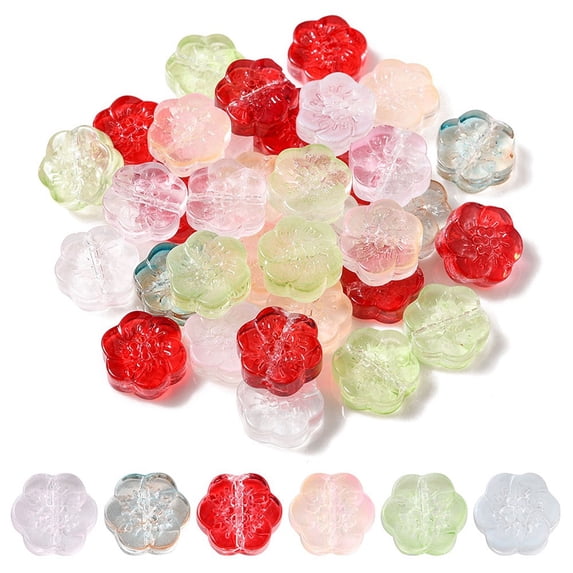 1Bag 35Pcs Transparent Spray Painted Glass Beads Plum Blossom Flower Mixed Color 10x11x4mm Hole: 1mm