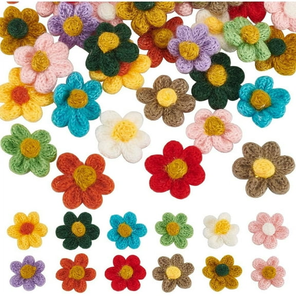1Bag 36 Pcs Crochet Knitted Flower Sew On Patches 12 Colors Wool Fine Thread Handmade Woven Floral Applique Crochet Knitted Puff Flower for DIY Crafts Hair Headbands Hat Clothing Accessories