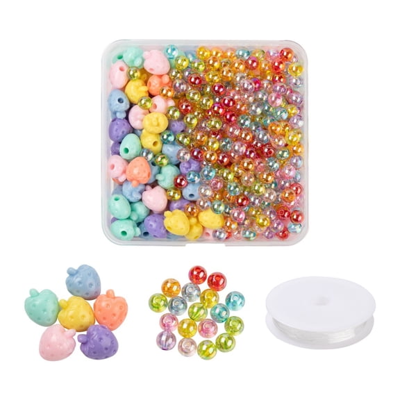 1Bag 380Pcs Strawberry & Round Acrylic Beads with 1 Roll Clear Elastic Crystal Thread for DIY Children's Day Gift Stretch Bracelets Making Kits Mixed Color 8x7mm Hole: 2mm 16.5x13x11.5mm hole: 3mm
