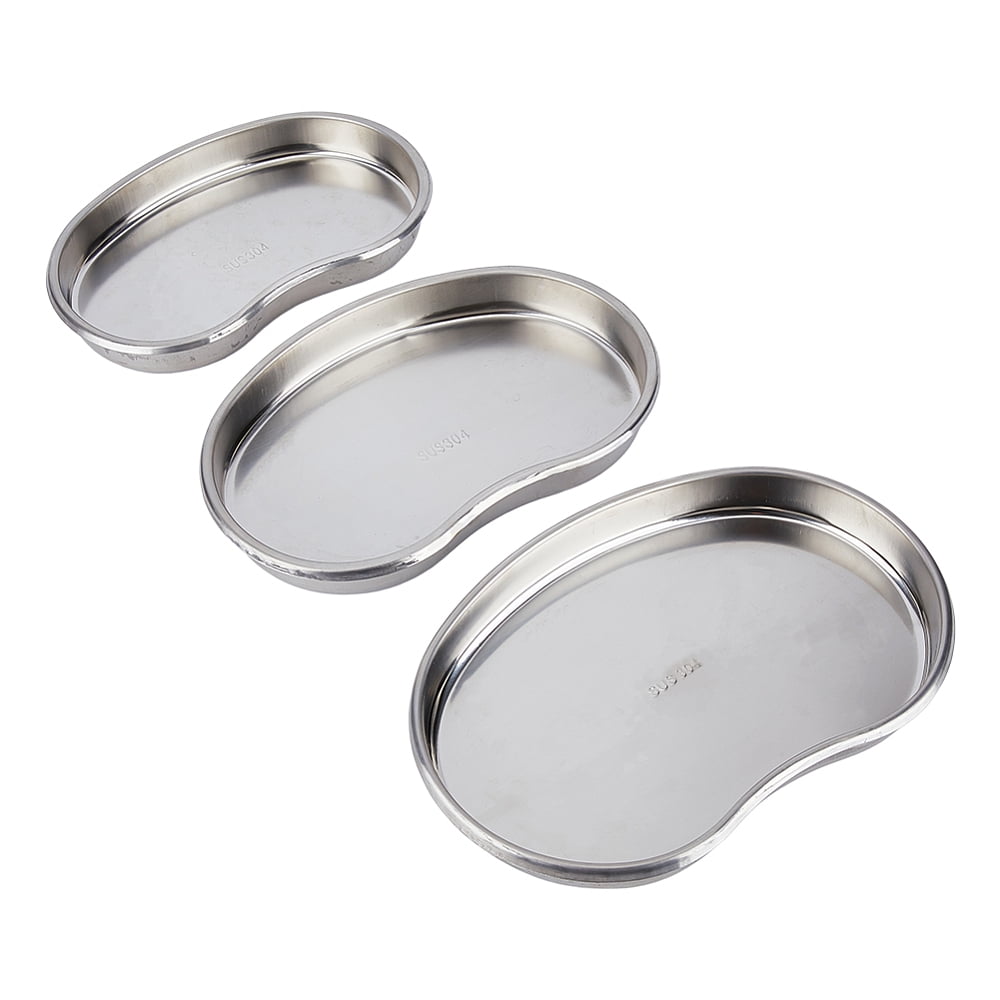 1Bag 3Pcs 3 Styles 304 Stainless Steel Surgical Tray Medical Dental Disinfection Tool Tray Curved Oval/Kidney Shape Stainless Steel Color 183~215x120~150x23~24mm DIY