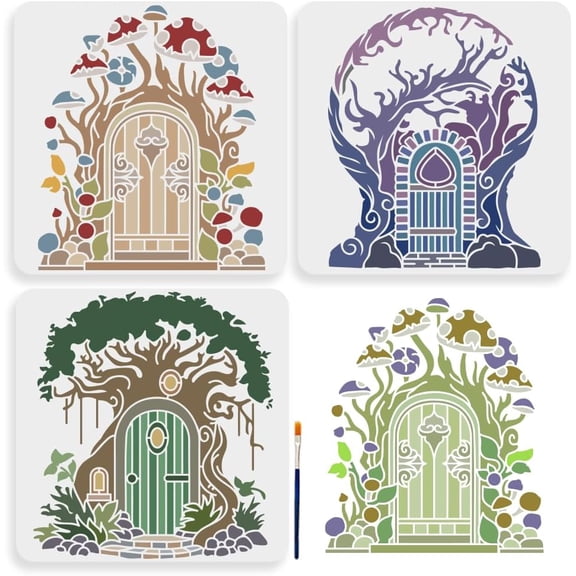 1Bag 3pcs Tree Door Stencils 11.811.8inch Large Tree House Stencil with Paint Brush Reusable Mushroom Branch Tree of Life Drawing Stencils for Wood Canvas Fabric Wall Furniture Decor