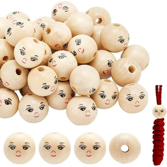 1Bag 50pcs Smiling Face Wooden Beads Schima Wood Beads Round Spacer Painted Wooden Beads with Hole Head Beads DIY Jewelry Finding Macrame Pendant Crafts (L:17.5mm Hole: 4mm)
