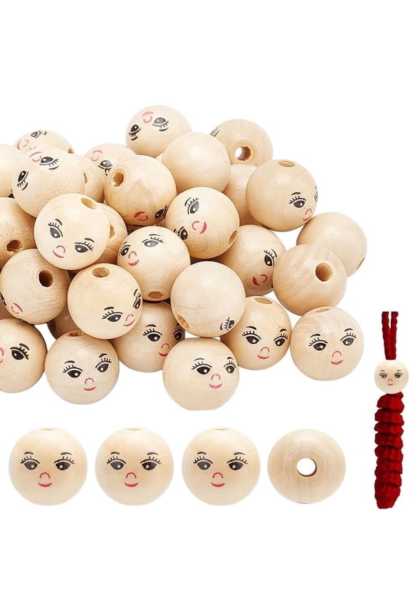 1Bag 50pcs Smiling Face Wooden Beads Schima Wood Beads Round Spacer Painted Wooden Beads with Hole Head Beads DIY Jewelry Finding Macrame Pendant Crafts (L:17.5mm Hole: 4mm)