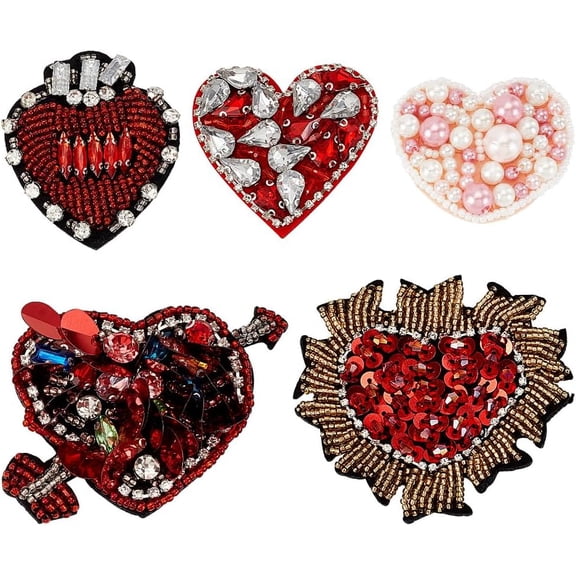 1Bag 5Pcs 5 Styles Glass Rhinestone Beaded Sew on Heart Patches Embroidery Eye Appliques Badges with Seed Bead Mixed Color 32~59x43~69x4~6mm 1pc/style