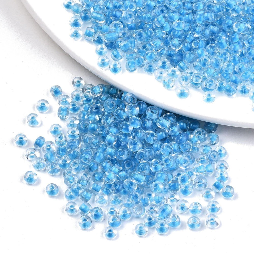 1Bag 6/0 Glass Seed Beads Transparent Inside Colours Round Hole Round Deep Sky Blue 6/0 4~5x2.5~4.5mm Hole: 1.2mm about 4500pcs/bag