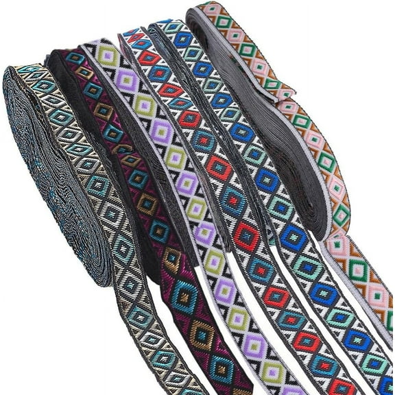1Bag 6 Bundles 6 Colors Ethnic Style Polyester Ribbon Embroidery Ancient Hanfu Lace Ribbon Rhombus Pattern Mixed Color 1/2 inch(12mm) 7.44 Yards(6.8m)/bundle 1 bundle/color