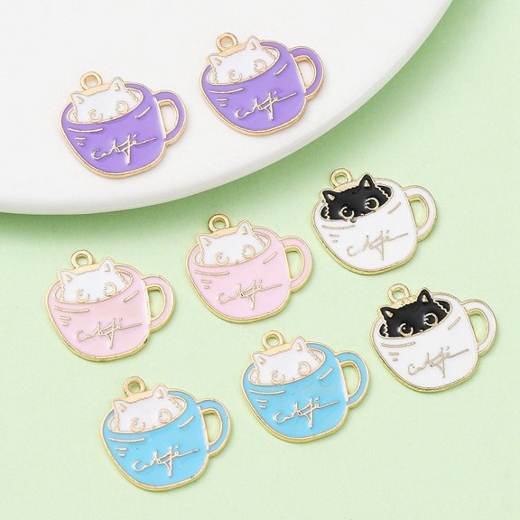 1Bag 8Pcs 4 Colors Alloy Enamel Pendants Light Gold Cup Mixed Color with Cat Charm 18.5x20x1mm Hole: 1.5mm 2pc/color