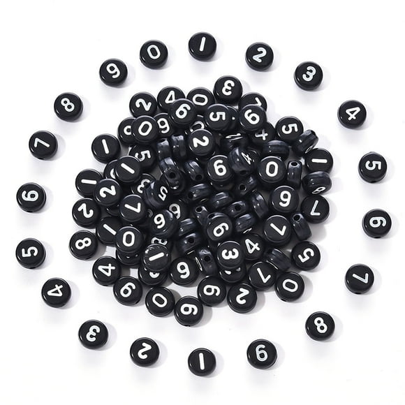 1Bag Black Opaque Acrylic Beads Flat Round with White Number 7x3.5mm Hole: 1.2mm about 100pcs/bag.