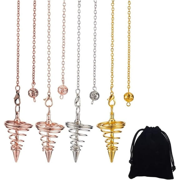 1Bag Brass Pendulum for Dowsing 4 Pieces Spiral Pendulum Copper Metal Dowsing Pendulum Divination Healing Pendulum Chain 4 Colors Spiral Cone Point Pendulum for Meditation Yoga Balancing Pendant