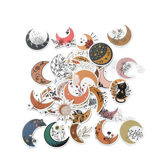 1Bag Cartoon Moon with Flower Paper Stickers Set Waterproof Adhesive Label Stickers Computer Mobile Phone Skateboard Guitar Stickers Tarot Theme Mixed Color 30~66x32~72x0.3mm 50pcs/bag