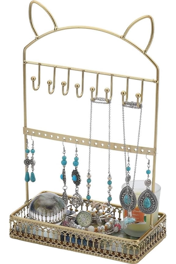 1Bag Cat Jewelry Holder Jewelry Stand Organizer 2-Tier Earring Holder Organizer with 20 Holes 8 Hanging Hooks Necklace Jewelry Racks Finger Ring Bracelets Storage for Personal Crafts Exhibition