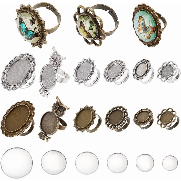 1Bag DIY Blank Dome Finger Ring Making Kit Including Flower & Sun & Owl Adjustable Glass Cabochons Bronze & Silver 24Pcs/bag