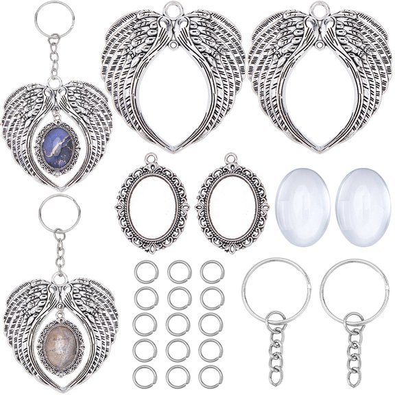 1Bag DIY Blank Oval & Wing Alloy Keychain Making Kits Antique Silver & Platinum 73x69x4mm Hole: 2~6mm