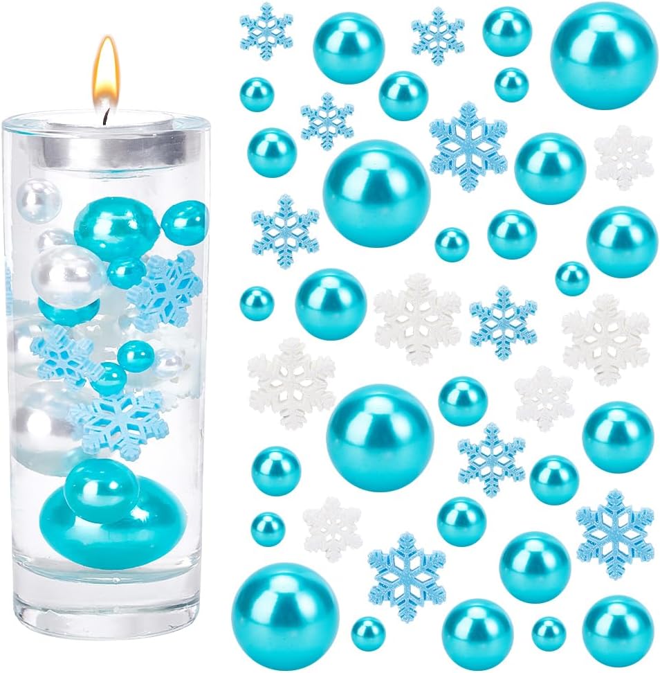 Floating Pearls for Centerpiece 144PCS No Hole Pearls for Vases 10/14/20/30mm Assorted Pearl Craft Beads with 20pcs Small Resin Snowflake Cabochons for Christmas Wedding Party Decor