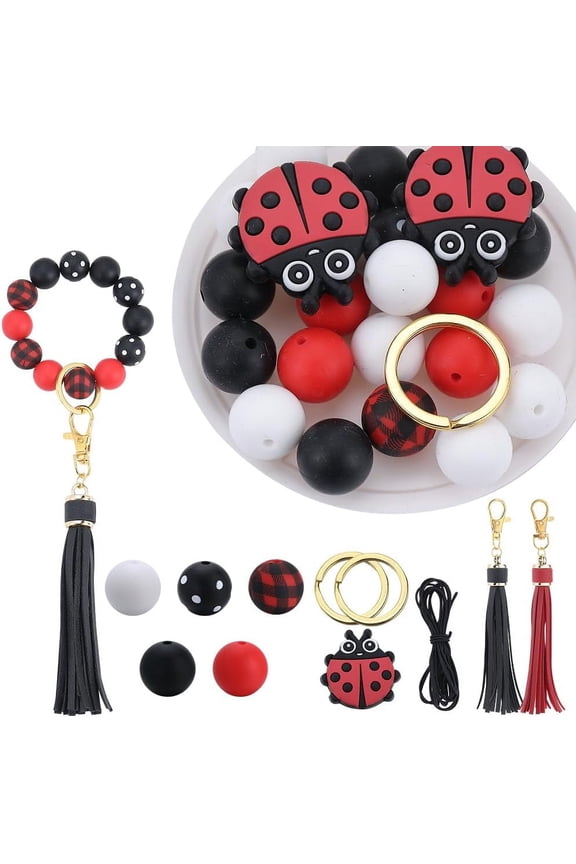 1Bag Ladybug Silicone Beads Keychain Making Kit Ladybird Silicone Focal Beads Insect 15mm Round Black Red Beads Bulk PU Leather Tassels Key Chain Split Rings for Key Chains Making Supplies