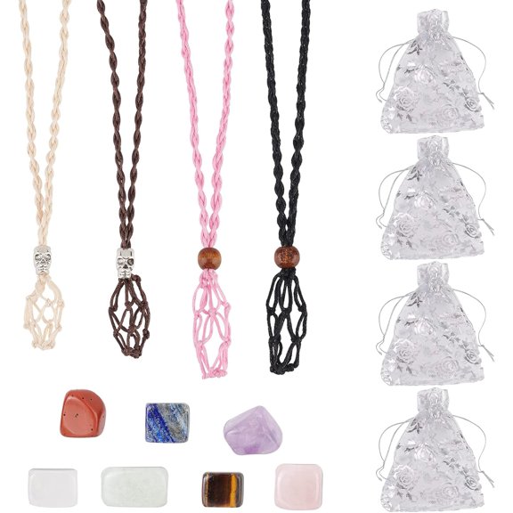 1Bag Macrame 7 Natural Stone Pendant Necklace DIY Making Kit Waxed Cord Macrame Pouch Necklace Making Natural Mixed Necklace Making: 4pcs/set