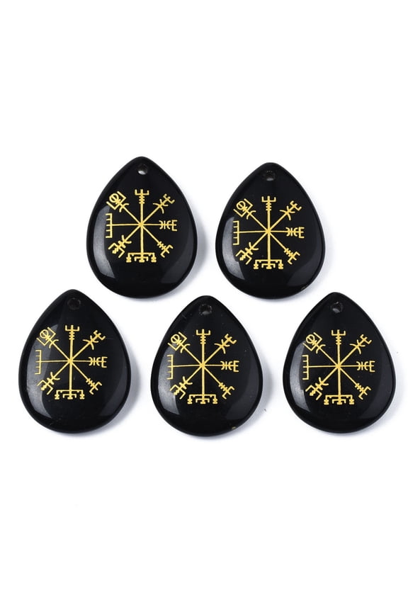 1Bag Natural Black Stone Pendants Teardrop with Nordic Pagan Pattern 32~33.5x25~26x6.5~7.5mm Hole: 2mm 6pcs/bag
