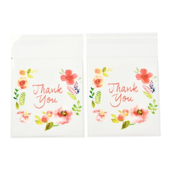 1Bag Rectangle OPP Self-Adhesive Bags with Word Thank You and Flower Pattern for Baking Packing Bags Colorful 17.4x14x0.02cm 100pcs/bag