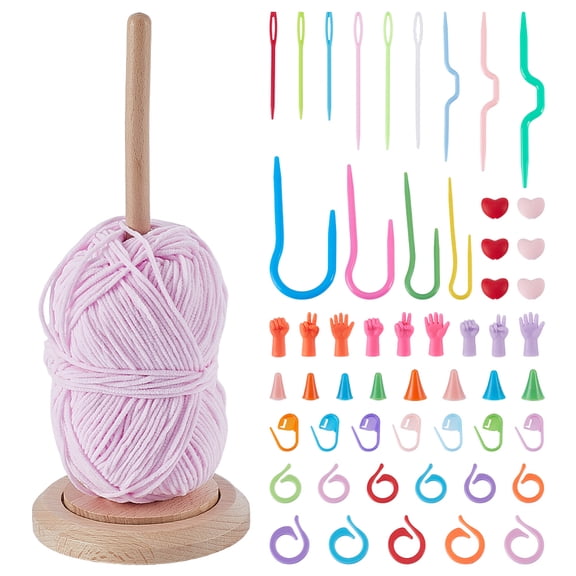 1Bag Rotatable Wooden Yarn Spinner for Knitting Ribbon Tape Rope with 1Bag Plastic Knitting Crochet Needle Cap Plastic Stitch Kit