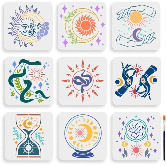 1Bag US 1 Set Divination Theme PET Hollow Out Drawing Painting Stencils with 1Pc Art Paint Brushes for DIY Scrapbook Photo Album Mixed Shapes 200x200mm 9pcs/set