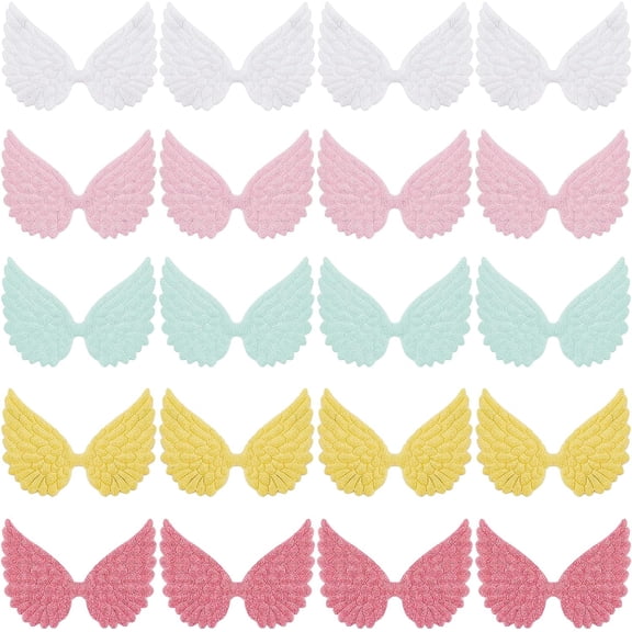 1Bags 40Pcs 5 Colors Glitter Angel Wings Fabric Embossed Iridescent Mini Wings Patches Sequined Applique for DIY Craft Bag Hair Decoration Shirts Jeans Sewing Clothing Ornament Supplies