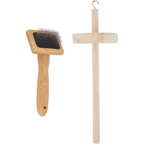 1Bags Wooden Wool Carder with Drop Spindle Hand Carders Wood Hand Carders with Drop Spindle Set Hand Carders Wool Needle Felting Brush for Yarn Weaving Blending Roving Craft