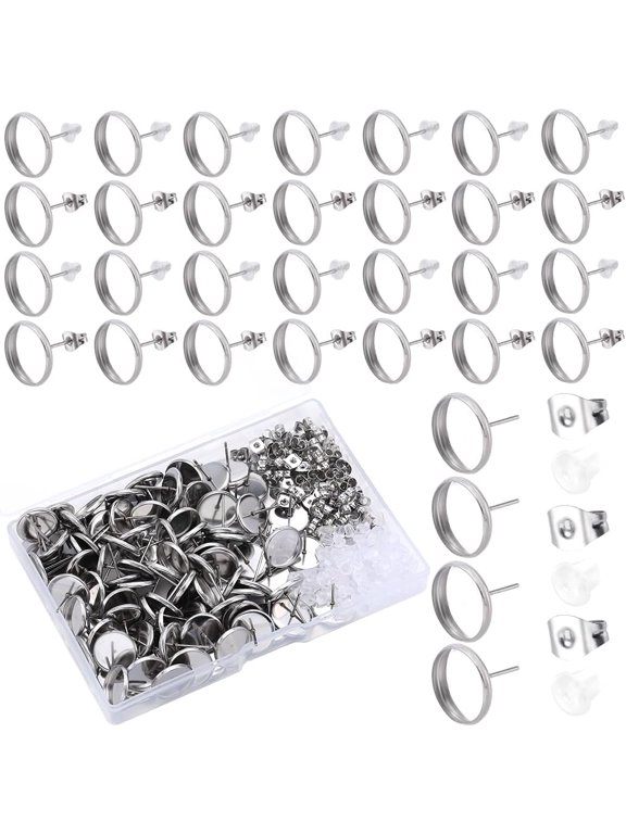 1Box 1 Box 100Pcs 12Mm Bezel Post Earrings Blanks Stud Earring Cabochon Stainless Steel Hypoallergenic Silver Earring Studs with Ear Nut Round Earring Posts for Jewelry Making Supplies DIY Crafts