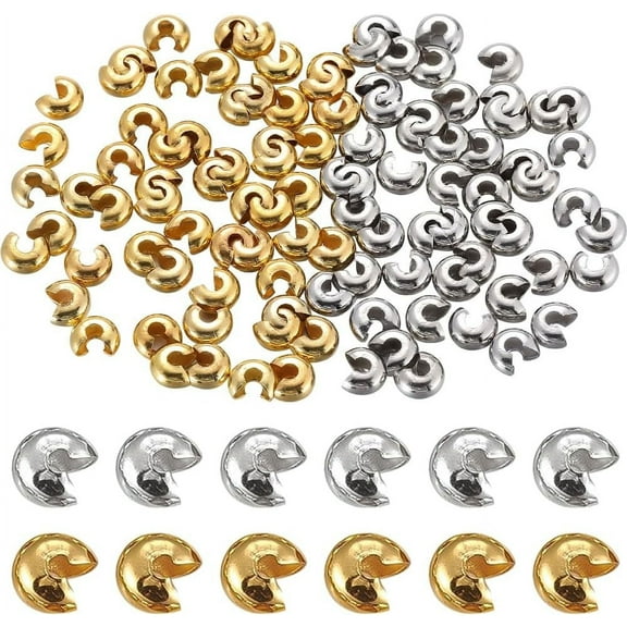 1Box 1 Box 200Pcs 6mm Round Crimp Beads Gold Crimp Beads Silver Brass Small Half Open Knot Copper Stopper Crimp Bead Covers for Jewelry Making Necklaces Bracelets Earrings Supplies DIY Crafts
