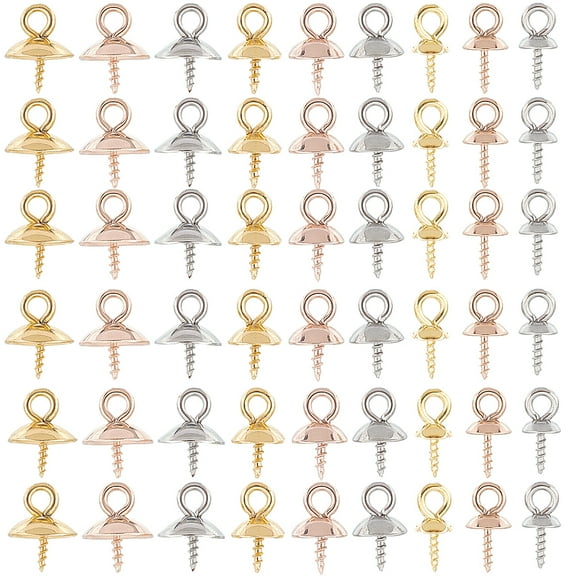1Box 1 Box 90Pcs Stainless Steel Bead Caps with Loop Rings Bead Bail Caps Cup Pearl Peg Bails Small Screw Eye Pin Peg Bails Beads End Cap for Jewelry Making Supplies Half Drilled Beads DIY Craft