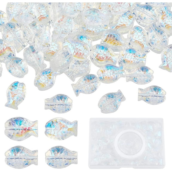 1Box 1 Box Glass Fish Beads Electroplated Glass Ocean Animal Spacer Bead Fish Beads for Jewelry Making Beading Bracelet Kit Summer Sea Loose Bead Elastic Thread Crafting Transparent White