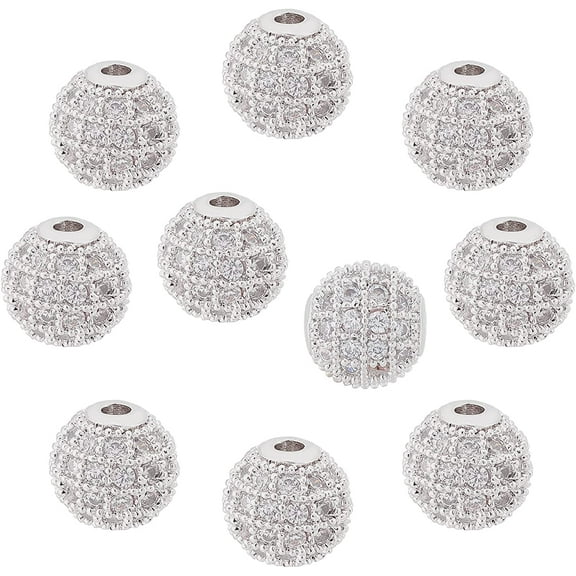 1Box 10 Pcs 8mm Micro Pave Cubic Zirconia Beads Platinum Color Brass Clear Crystal CZ Stones Pave Micro Setting Disco Ball Spacer Beads Round Cubic Zirconia Charm Beads for Jewelry Making