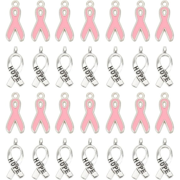 1Box 100Pcs 2Style Ribbon Charms Breast Cancer Awareness Charms Bulk Pink Silver Ribbon Breast Cancer Charm Hope Ribbon Charm