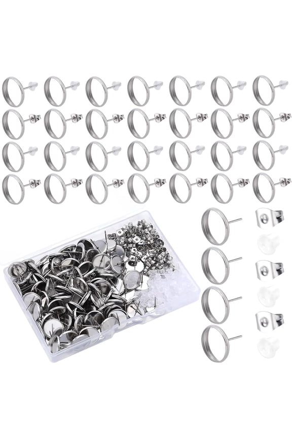 1Box 100Pcs Flat Round Stainless Steel Stud Earring Settings with 200Pcs Ear Nuts Stainless Steel Color 14mm Pin: 0.8mm Tray: 12mm