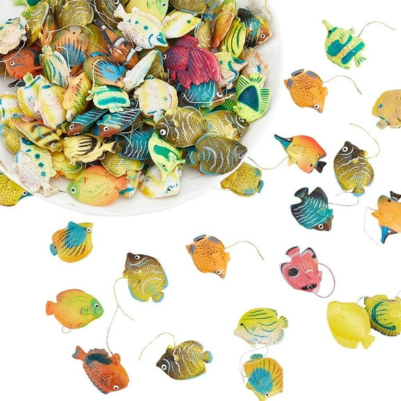 1Box 100Pcs Plastic Toy Floating Fish Children Bathing Toys Mixed Color 17~23x24~36x6~11mm