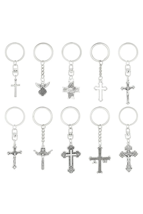1Box 10Pcs 10 Style Metal Pendant Keychain with Metal Findings Cross Antique Silver 8.2~10.6cm 1pc/style