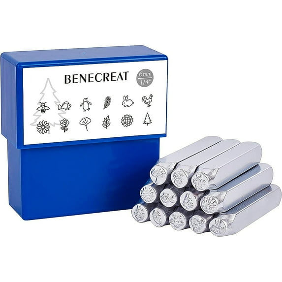 1Box 12 Pack (6mm 1/4") Design Stamps Metal Punch Stamp (Animal with Plant Theme) Stamping Tool Case - Electroplated Hard Carbon Steel Tools to Stamp/Punch Metal Jewelry Leather Wood