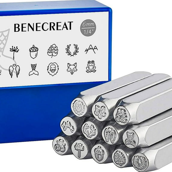 DIY 1Box 12 Packs (6mm 1/4") Matte Design Metal Stamp Punches with Tool Case for Jewelry Leather Wood Stamping Animals and Plants Theme