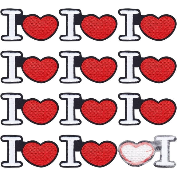 1Box 12 Pcs Heart Iron on Patches Polyester Heart with Letter I Embroidery Patches Sew on Patches Garment Costume Accessories for DIY Sewing Clothing Jeans Handbags Jacket Backpack Hat
