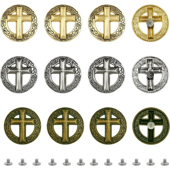 1Box 12 Sets 3 Colors Leather Decoration Conchos Alloy Cross Pattern Buckles Flat Round Screw Back Hollow Decorative Buckles for DIY Leather Purse Bags