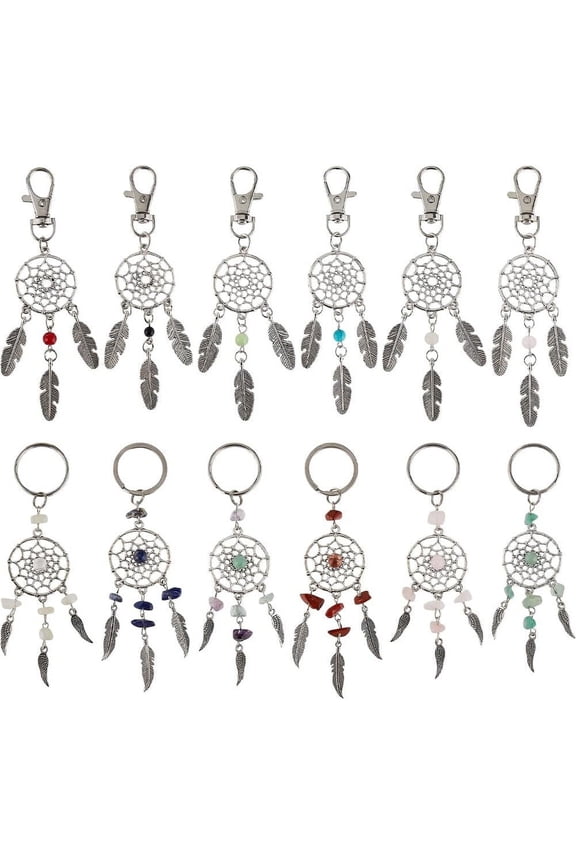 1Box 12Pcs 12 Style 304 Stainless Steel & Alloy Findings with Gemstone Beads Keychain with Tibetan Style Alloy Wing Charms and Iron Split Rings Woven Net/Web with Feather 10.7~11.8cm 1pc/style