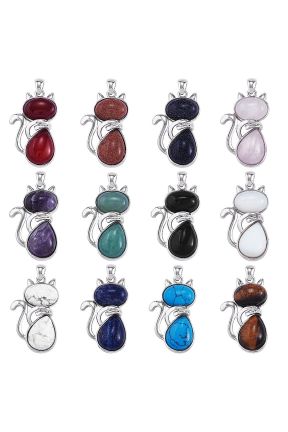 1Box 12Pcs 12 Style Natural & Gemstone Kitten Pendants Cat Charm with Platinum Tone Brass Findings 45x27x8mm Hole: 5x7mm 1pc/style