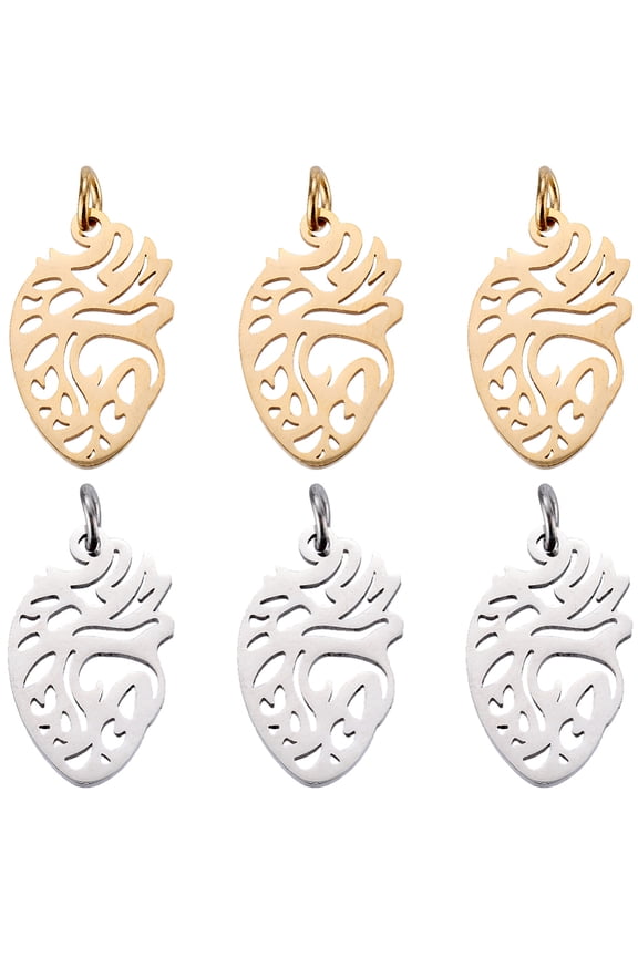 1Box 12Pcs 2 Colors 201 Stainless Steel Pendants Anatomical Organ Heart Shape with Unsoldered Jump Rings Golden & Stainless Steel Color 20x12x1mm Hole: 3mm Jump Ring: 5x0.8mm 6pcs/color