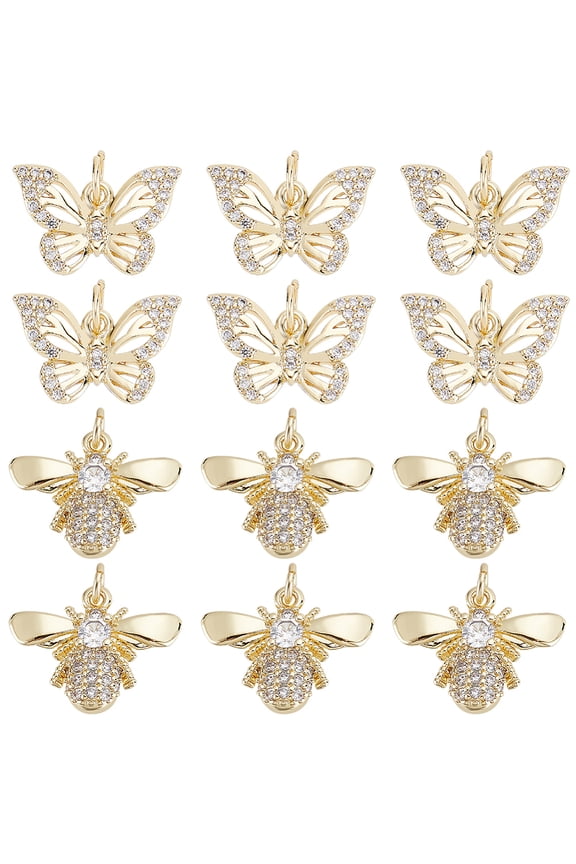 1Box 12Pcs 2 Style Brass Micro Pave Clear Cubic Zirconia Charms with Jump Rings Long-Lasting Plated Butterfly & Bee Real 18K Gold Plated