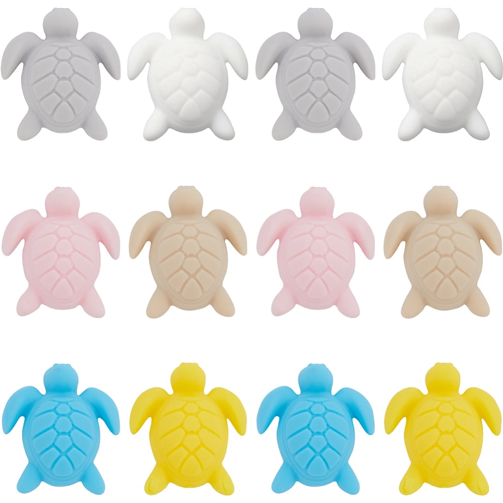 1Box 12Pcs 6 Colors Turtle Food Grade Eco-Friendly Silicone Focal Beads, Silicone Teething Beads, Mixed Color, 33x29x13mm, Hole: 2mm, 2pcs/color