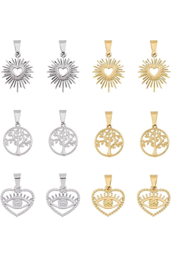 1Box 12Pcs 6 Style PVD Vacuum Plating 304 Stainless Steel Pendants Hollow Heart & Flat Round with Tree of Life Charms Mixed Color 17.5~22.5x16~18.5x1.5~2mm Hole: 3.5~4x6~6.5mm 2pcs/style